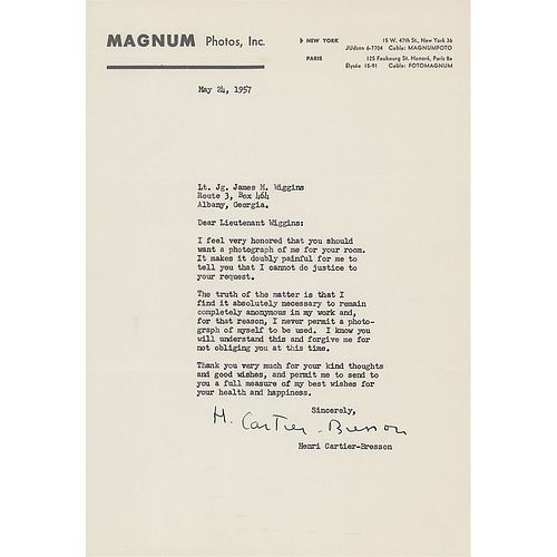Henri Cartier-Bresson Typed Letter Signed