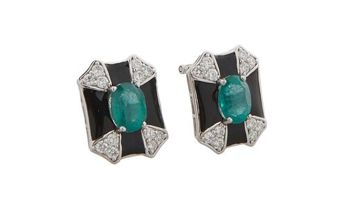 Pair of Platinum Earrings, of rectangular form with a central oval 1.98 carat emerald flanked by black enamel with diamond mounted triangular corners,
