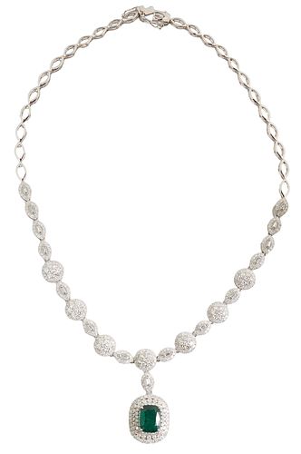 18K White Gold Link Necklace, with 24 oval links transitioning to eight oval diamond bordered links with baguette interiors, to seven circular pierced