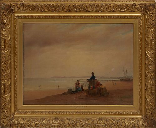 Joseph Walters (British), "Waiting for the Boats," 19th c., oil on canvas, signed lower right, titled on bottom middle of frame "Waiting for the Boats