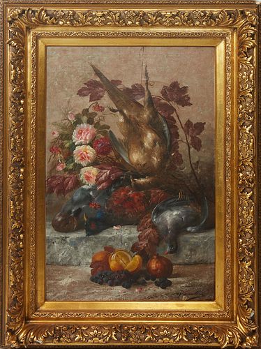 Max Albert Carlier (Belgian, 1872-1938), "Nature Morte," oil on canvas, presented in an ornate gilt and gesso frame, H.- 35 in., W.- 23 in., Framed H.