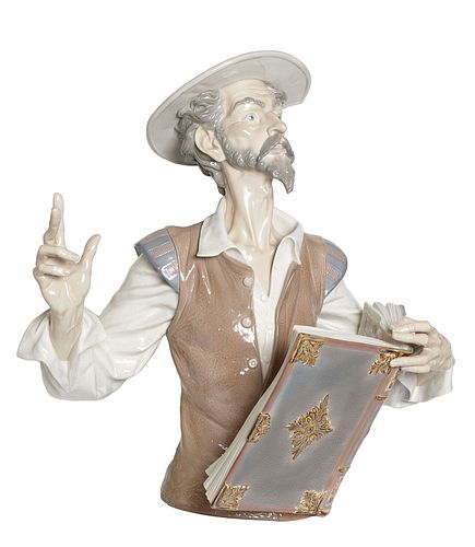Large Lladro Porcelain Figure, "Listen To Don Quixote," #1520, depicting him gazing outward and grasping a book, "Man of La Mancha, H.- 21 in., W.- 20
