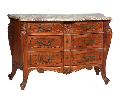 French Louis XV Style Carved Cherry Marble Top Bombe Commode, late 19th c., the ogee edge cookie corner thick white and gray marble over a setback ban