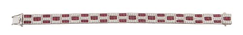 Platinum Link Bracelet, each of the 22 single square links mounted with rows of baguette rubies and round diamonds, total ruby wt.- 11.81 cts., total 