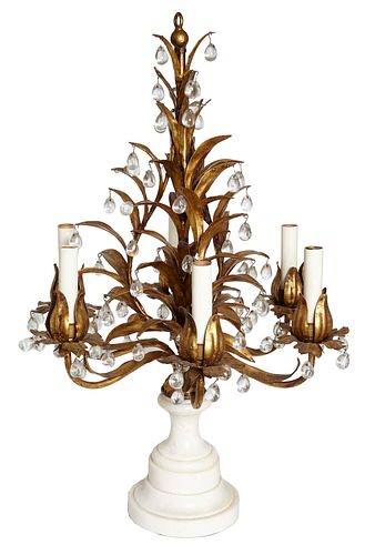 Six Light Gilt Iron Candelabra Lamp, 20th c., with a tapering relief leaf mounted support hung with oval glass drops, issuing six curved relief leaf f