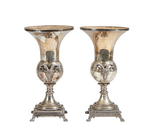 Pair of Louis XVI Style Silverplated Urn Garnitures, 20th c., with rams' head handles, on a socle support to a stepped square base with paw feet, H.- 