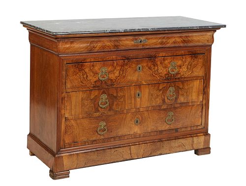 French Louis Philippe Carved Walnut Marble Top Commode, 19th c., the rounded corner reeded edge highly figured gray marble over a cavetto frieze drawe
