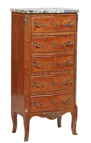 French Louis XV Style Ormolu Mounted Inlaid Cherry Marble Top Chiffonier, early 20th c., the canted corner ogee edge bowed Breche d'Alpes brown marble