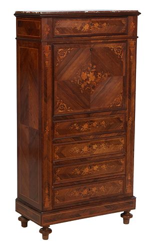 French Marquetry Inlaid Walnut Marble Top Secretary Abattant, 20th c. the figured red marble over a frieze drawer, above a fall front secretary with a