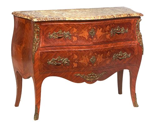 French Louis XV Style Ormolu Mounted Marble Top Bombe Commode, early 20th c., the stepped bow front rounded edge and corner ocher Breche d'Alpes, marb