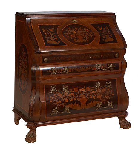 French Marquetry Inlaid Carved Walnut Secretary Commode, 20th c., the stepped rectangular top over a slant front desk fitted with 8 drawers, open stor