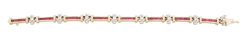 14K Yellow and White Gold Link Bracelet, each of the eight rectangular rubies joined by 8 white gold links with single white diamonds, total ruby wt.-