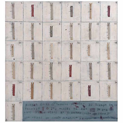 MARÍA DOLORES CASTELLANOS, Marcador de niveles, Firmada con monograma y fechada 1999 frente y reverso, Mixta sobre tela, 138 x 131 cm