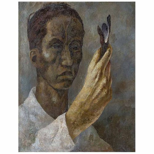 GUILLERMO MEZA, Hombre con flamas surrealista, Firmado y fechado 1941, Óleo sobre tela, 90 x 70 cm, Con constancia