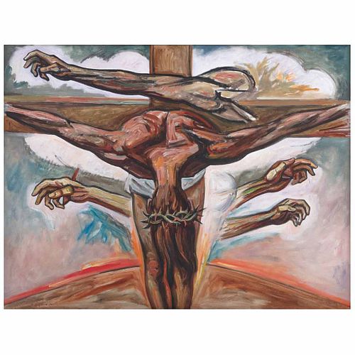 RAÚL ANGUIANO, Crucifixión, Firmado y fechado 1963 al frente y en bastidor, Óleo sobre tela, 116 x 152 cm