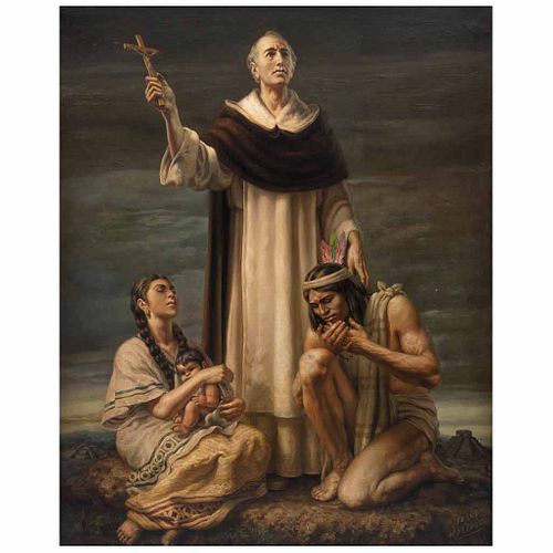 JESÚS HELGUERA, Padre de los indios, Firmado al frente y al reverso, Óleo sobre tela, 100 x 80 cm