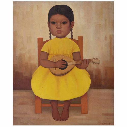 GUSTAVO MONTOYA, Niña de amarillo con viola, de la serie Niños Mexicanos, Firmado, Óleo sobre tela, 55 x 45 cm, Con certificado
