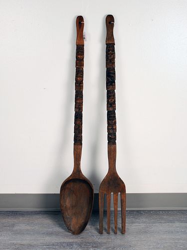 PAIR LARGE CARVED WOODEN FERTILITY UTENSILS 