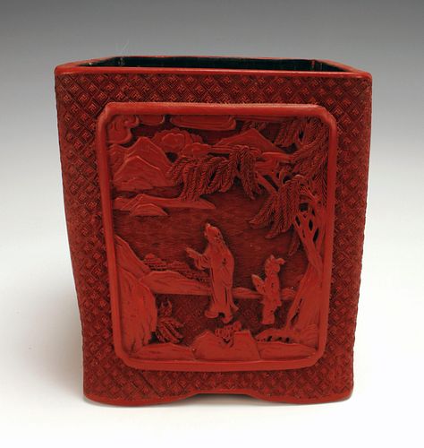 CHINESE SQUARE CARVED CINNABAR BRUSH POT