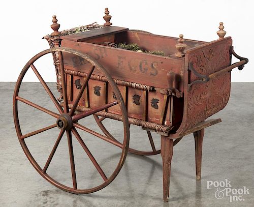 Primitive painted pine Fresh Eggs huckster cart, ca. 1900, with miscellaneous egg accessories