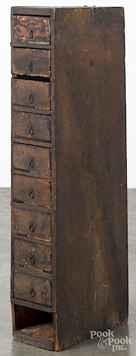 Primitive painted pine drawered cupboard, ca. 1900, with remnants of a yellow grained surface