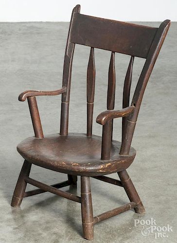 Child's plank bottom armchair, 19th c., with remnants of a red wash, overall - 23'' h.