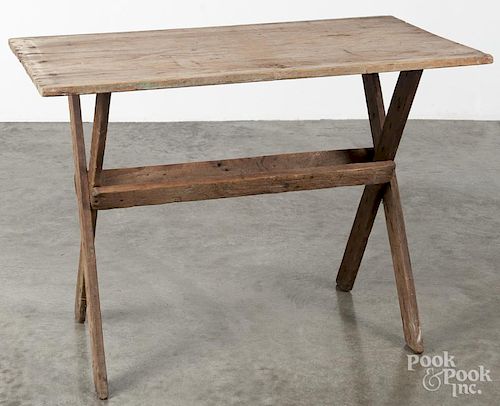 Pine sawbuck table, 19th c., 28'' 1/2'' h., 40'' w., 20 3/4'' d. Provenance: Barbara Hood