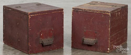 Two painted pine country store bins, ca. 1900, 9'' h., 9'' w. Provenance: Barbara Hood's Country Store
