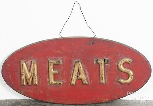 Painted pine Meats country store sign, ca. 1900, 14'' x 30''. Provenance: Barbara Hood