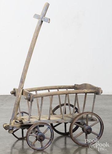 Child's primitive pull cart, 19th c., retaining on old yellow and blue surface, 18'' l.