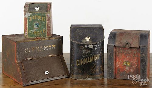 Four painted tin store canisters, 19th c. Provenance: Barbara Hood's Country Store, West Grove, PA.