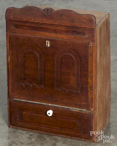 Primitive pine hanging work desk, 19th c., with a drop front over a single drawer, 22 1/2'' h.