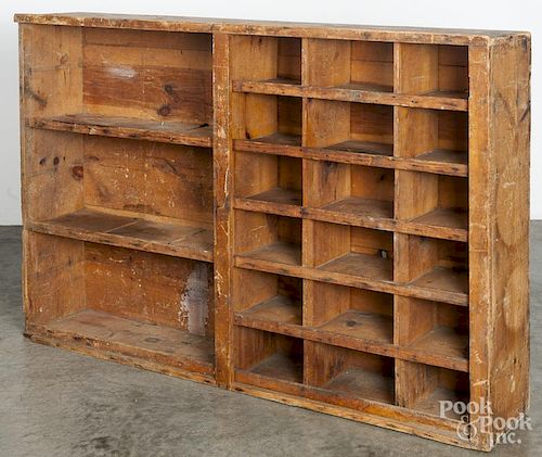 Primitive pine country store cupboard top with cubby holes and shelves, 42'' h., 60'' w., 11'' d.