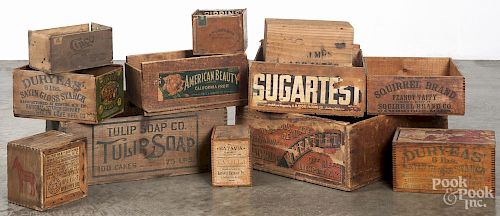 Twelve wooden advertising shipping boxes, ca. 1900, largest - 7 1/2'' h., 21 1/2'' l.