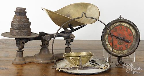 Iron and brass country store counter scale, 19th c., 18'' w., together with two hanging scales.