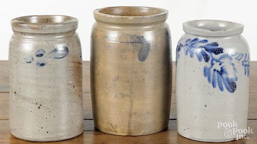 Three Pennsylvania stoneware jars, 19th c., with cobalt floral decoration, tallest - 8 3/4''.