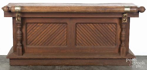 Oak country store counter, ca. 1900, with sunken panels and a turned top rail, 32'' h., 72 1/2'' w. 28