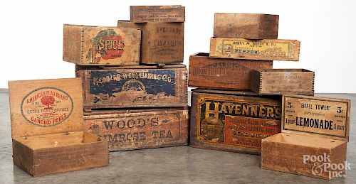 Twelve wooden advertising shipping boxes, ca. 1900, largest - 25'' w. Provenance: Barbara Hood