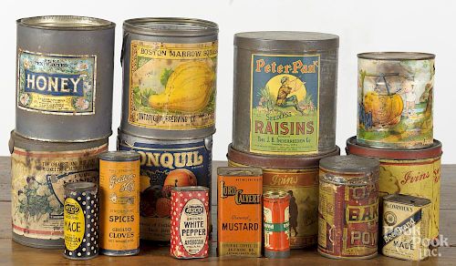 Fifteen miscellaneous advertising tins, 20th c., tallest - 5 3/4''. Provenance: Barbara Hood