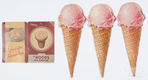 Seven cardboard ice cream advertising signs, 20th c., to include a menu for Hood's Ice Cream
