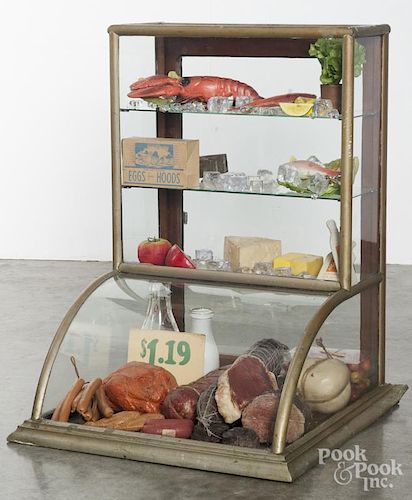 Country store nickel-plated counter top showcase, ca. 1900, filled with faux meats and cheeses