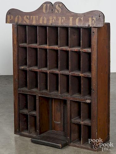 Painted pine U. S. Post Office cubby hole hanging cabinet, 19th c.