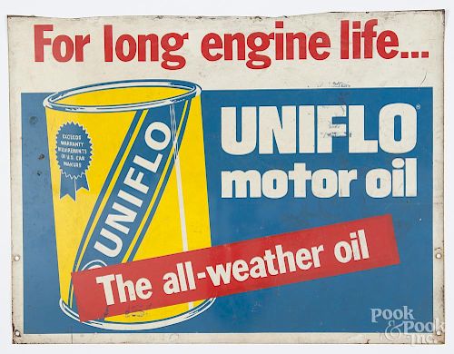 Uniflo Motor Oil tin advertising sign, 20th c., 15'' x 19 3/4''. Provenance: Barbara Hood