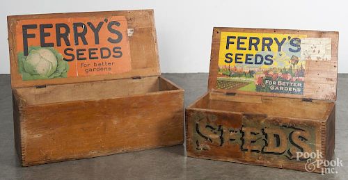 Two D. M. Ferry wooden seed boxes, early 20th c., 32'' w. and 26'' w. Provenance: Barbara Hood