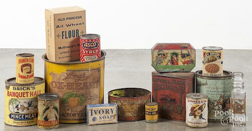 Twelve miscellaneous advertising tins, 20th c., together with a cardboard flour box