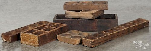 Seven divided wood boxes and trays, ca. 1900, largest - 31'' w. Provenance: Barbara Hood