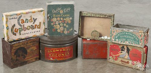 Four advertising tins, 20th c., together with three candy boxes and a glass top Chiclets box