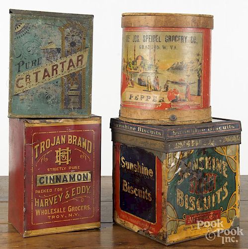 Three country store advertising tins, ca. 1900, to include Harvey & Eddy - Trojan Brand Cinnamon