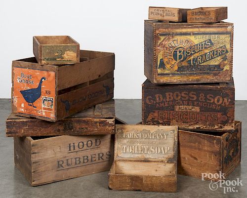 Ten wooden advertising shipping boxes, ca. 1900, largest - 23 1/2'' w. Provenance: Barbara Hood