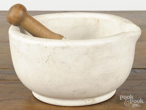 Large Acme porcelain mortar and pestle, ca. 1900, 5 1/4'' h., 9'' dia. Provenance: Barbara Hood